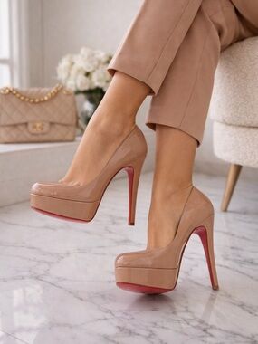 Christian Louboutin Bianca 140 Patent Nude Platform Pumps Red Bottoms